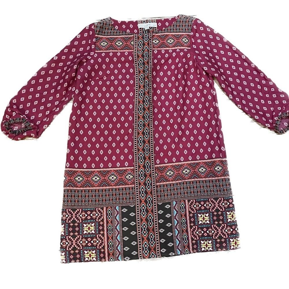 Ann Taylor Loft XSP extra small dress burgundy geometric pattern NWT